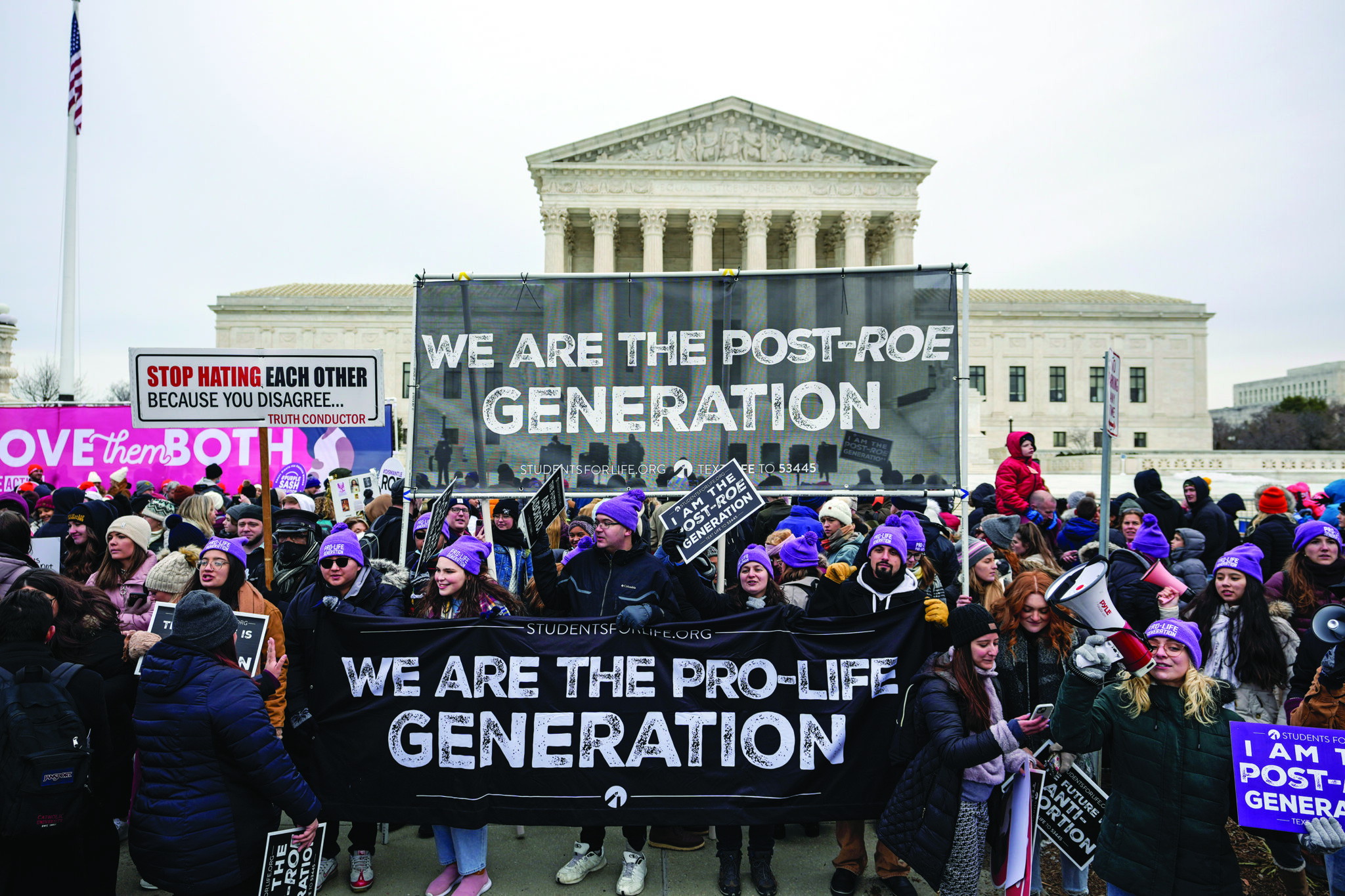 WASHINGTON, DC - JANUARY 21: Anti-abortion activists rally outside the U.S. Supreme Court during the 49th annual March for Life rally on January 21, 2022 in Washington, DC. The rally draws activists from around the country who are calling on the U.S. Supreme Court to overturn the Roe v. Wade decision that legalized abortion nationwide. (Photo by Drew Angerer/Getty Images)