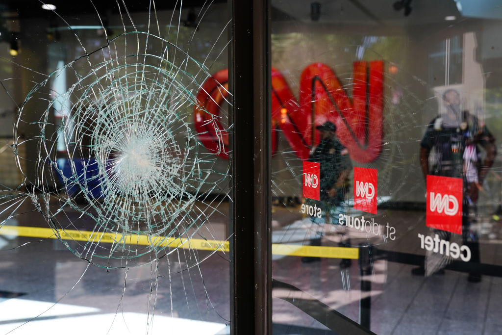 ATLANTA, GA - MAY 30: Damage is seen to CNN Center following an overnight demonstration over the Minneapolis death of George Floyd while in police custody on May 30, 2020 in Atlanta, Georgia. Demonstrations are being held across the U.S. after George Floyd died in police custody on May 25th in Minneapolis, Minnesota. (Photo by Elijah Nouvelage/Getty Images)