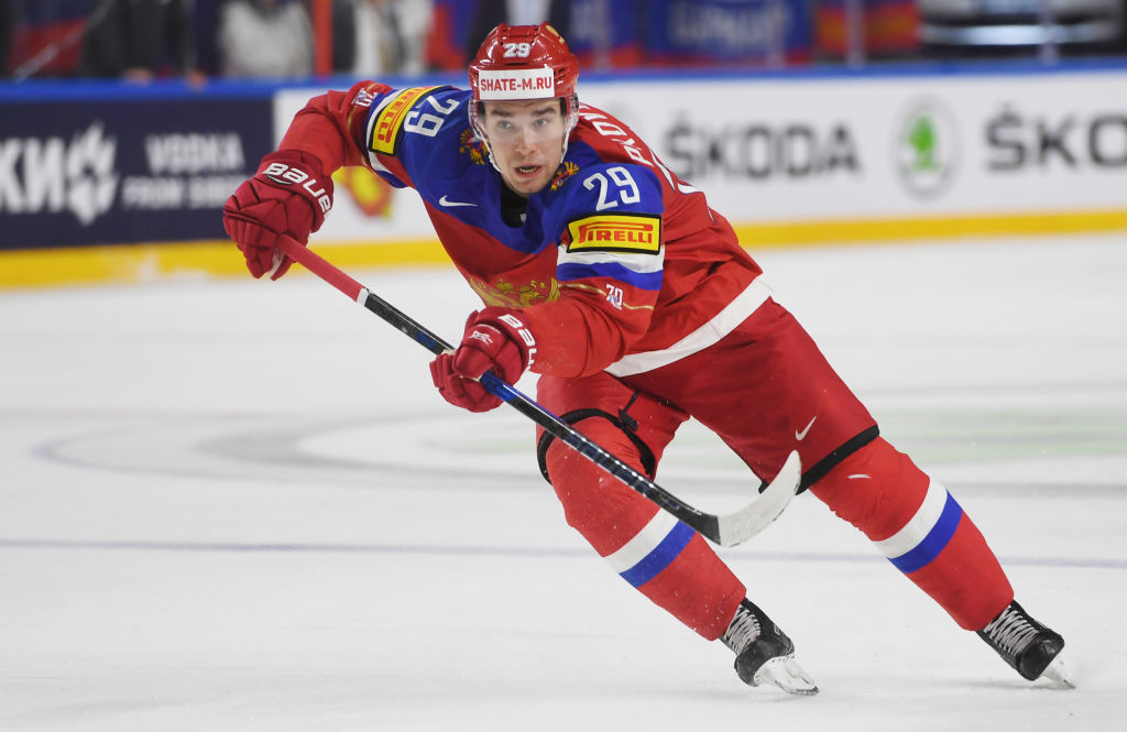 Russia's Ivan Provorov vies during the IIHF Ice Hockey World Championships first round match between Russia and Denmark in Cologne, western Germany on May 11, 2017. / AFP PHOTO / PATRIK STOLLARZ        (Photo credit should read PATRIK STOLLARZ/AFP via Getty Images)