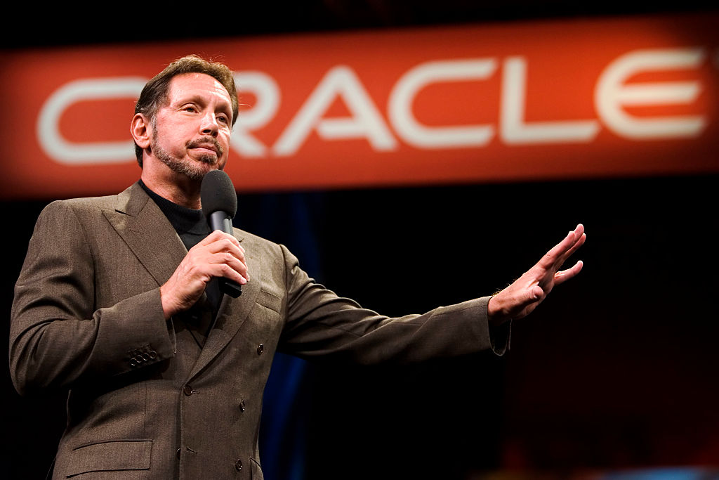 Larry Ellison, CEO of Oracle Corporation, delivers his keynote address during the Oracle Open World 2005 conference, September 21, 2005 in San Francisco, California. Ellison said he expects tough competition from his rivals in the applications software arena. (Photo by Kim Kulish/Corbis via Getty Images)
