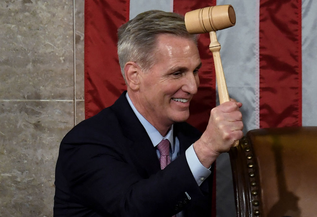Newly elected Speaker of the US House of Representatives Kevin McCarthy holds the gavel after he was elected on the 15th ballot at the US Capitol in Washington, DC, on January 7, 2023. - Kevin McCarthy's election to his dream job of speaker of the US House of Representatives was secured through a mix of bombproof ambition, a talent for cutting deals and a proven track record of getting Republicans what they need.
He only won election as speaker after they forced him to endure 15 rounds of voting -- a torrid spectacle unseen in the US Capitol since 1859. (Photo by OLIVIER DOULIERY / AFP) (Photo by OLIVIER DOULIERY/AFP via Getty Images)