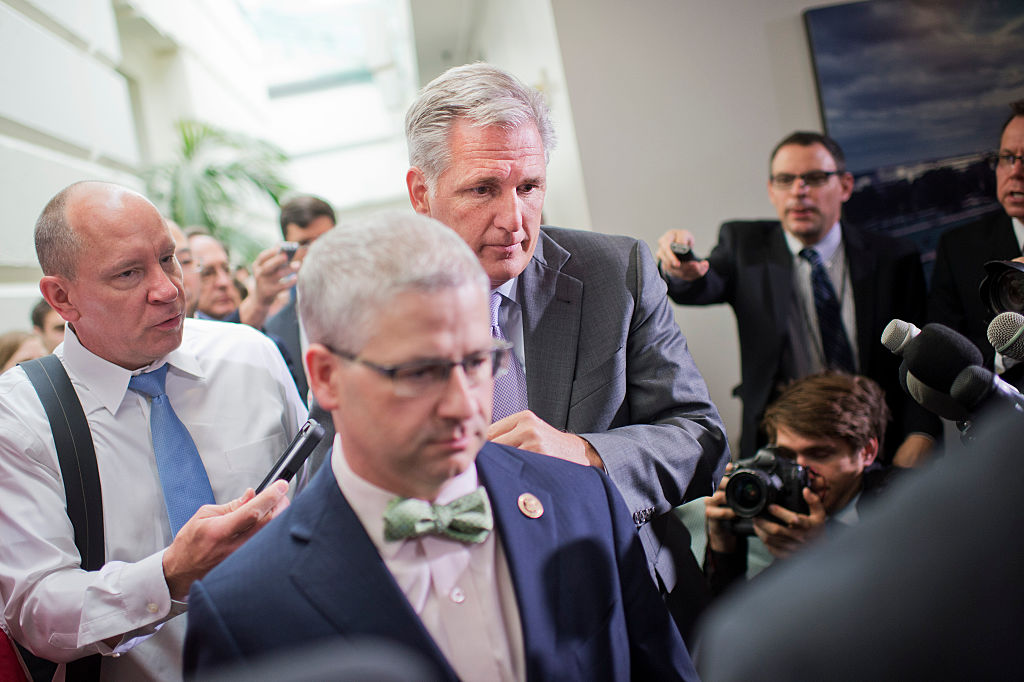 UNITED STATES - SEPTEMBER 25: House Majority Leader Kevin McCarthy, R-Calif., and Rep. Patrick McHenry, R-N.C., foreground, leave a meeting of House Republicans in the Capitol, September 25, 2015, after Speaker John A. Boehner, R-Ohio, announced he will resign from Congress at the end of October. (Photo By Tom Williams/CQ Roll Call)