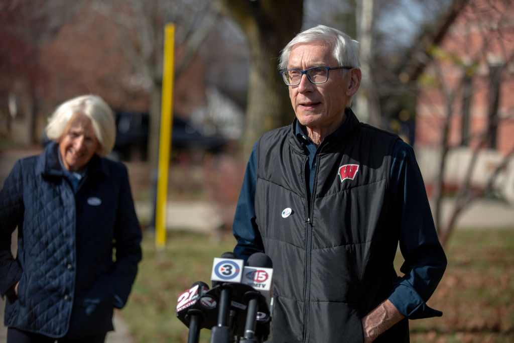 MADISON, WI - NOVEMBER 08: Wisconsin Governor Tony Evers speaks to press outside of the Maple Bluff Village Center on November 8, 2022 in Madison, United States. After months of candidates campaigning, Americans are voting in the midterm elections to decide close races across the nation. (Photo by Jim Vondruska/Getty Images)